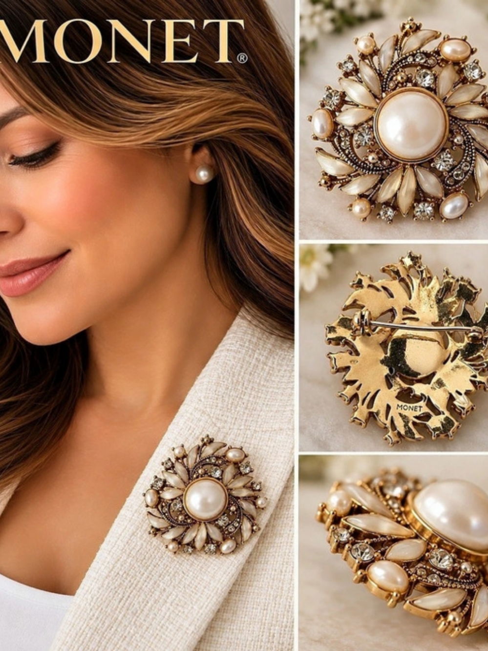 Monet Pearl Floral Brooch Gold & White Like New